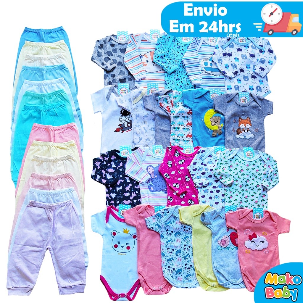 Kit 15 peças Enxoval Bebê Menino e Menina Body Calça Mijão e Meia Algodão