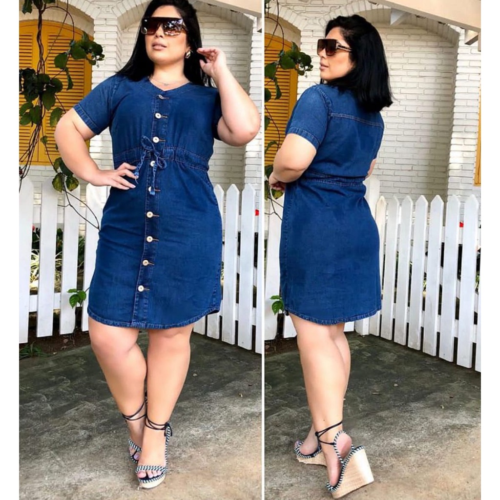 Vestido Jeans Plus Size Feminino Curto Com Bolsos Azul