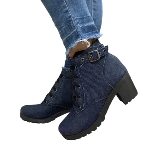 Bota Coturno Feminino Cano Curto Salto Bloco Grosso Médio com Fivela Jeans Botinha Confortável Ref. 20/150
