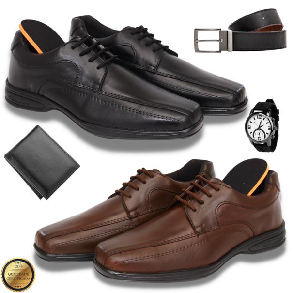 Kit 2 Sapato Social COURO Casual Preto Marrom Estilo Conforto Carteira Slim Relógio Cinto