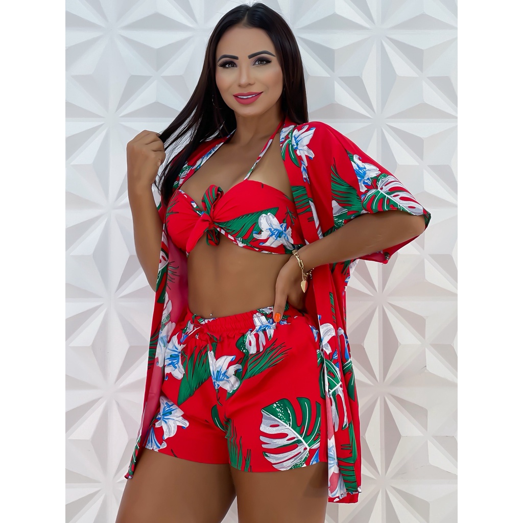 Conjunto Feminina 3 Peças (kimono+short+cropped) Moda Praia Novidade