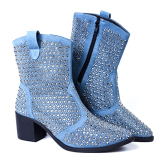 Bota Western Feminina Azul Strass Brilho Dhaffy