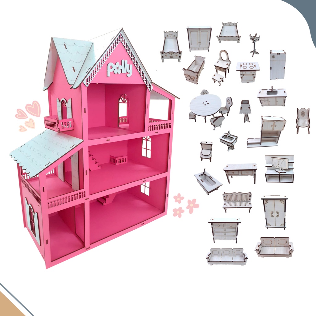 Casinha Para Boneca + 30 Móveis 57x45cm casa em mdf para bonecas casinha polly - completa envio rapido