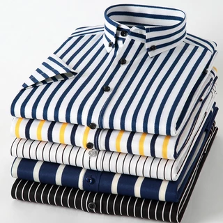 Casual Manga Curta Sem Ferro Camisa De Homem Listrada Slim Fit Social Camisas Masculina