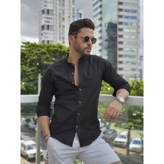Camisa Social Masculina Gola Padre Linho Premium Moda Luxo