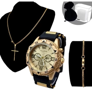 Kit Relogio Masculino + Corrente Cruz 18k Banhado a Ouro Original