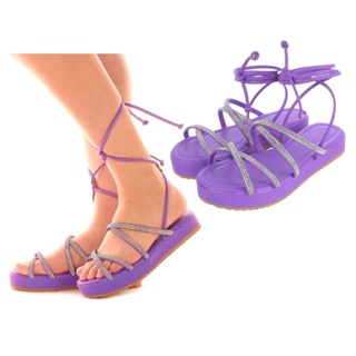 Papete Sandália Feminina Rasteira Birken de Amarração Flatform com Tiras de Amarrar na Perna Rasteirinha Strass Blogueira Ref. 30/19