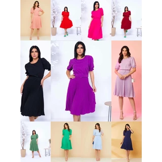 Vestido Plissada Lisa Midi Rodado Moda Evangelic Com Cinto Coração-00144