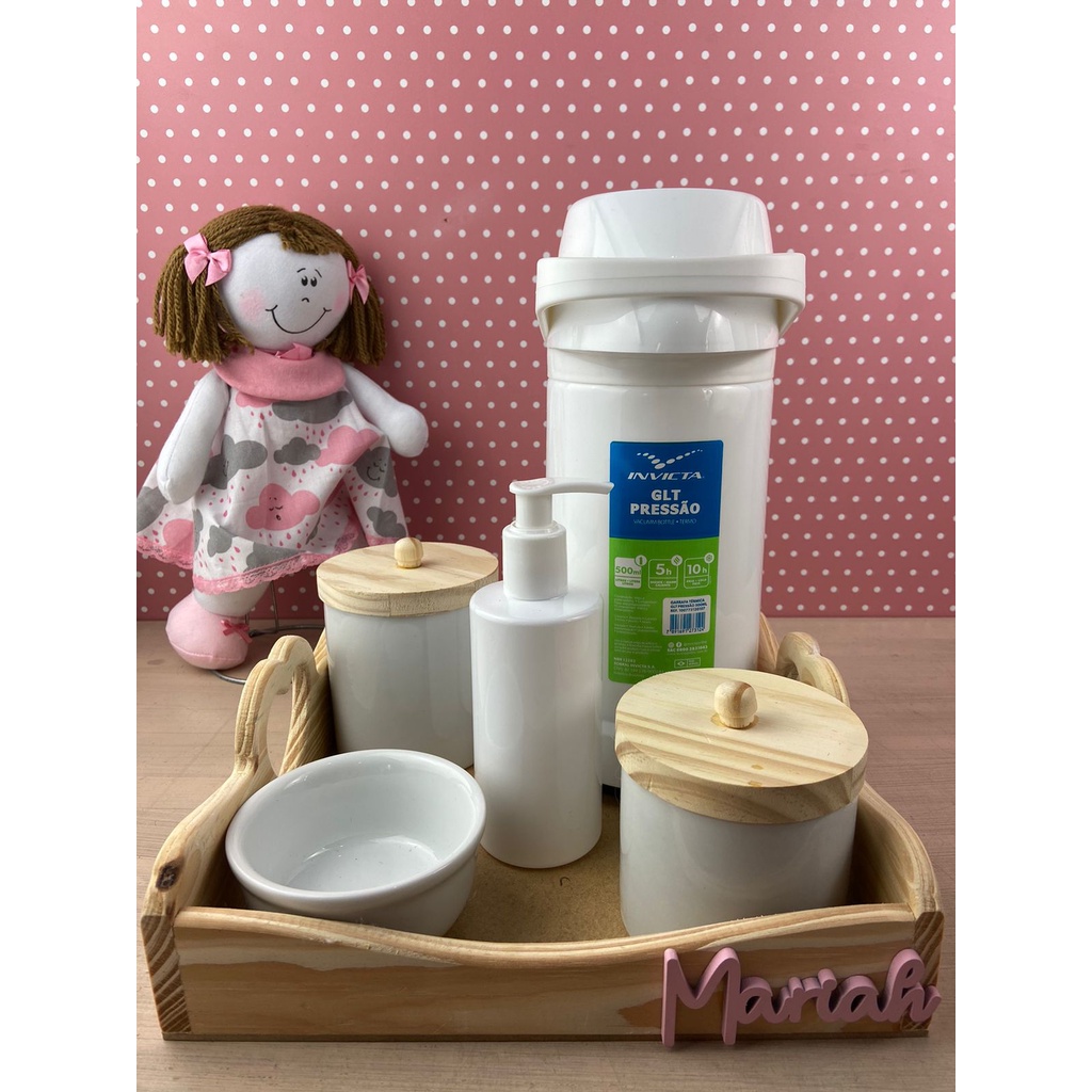 Kit Higiene Bebê Porcelana Pinus Coração Garrafa PUMP Personalizado Menina