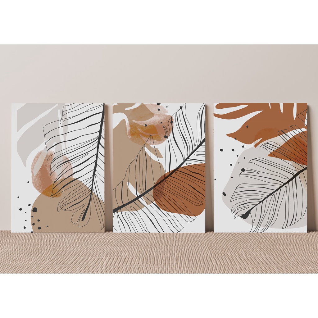 Quadro Decorativo 3 Peças 40x60 3mm Boho Abstrato Folhas Folhagens Marrom Decoração Para Casa 9091