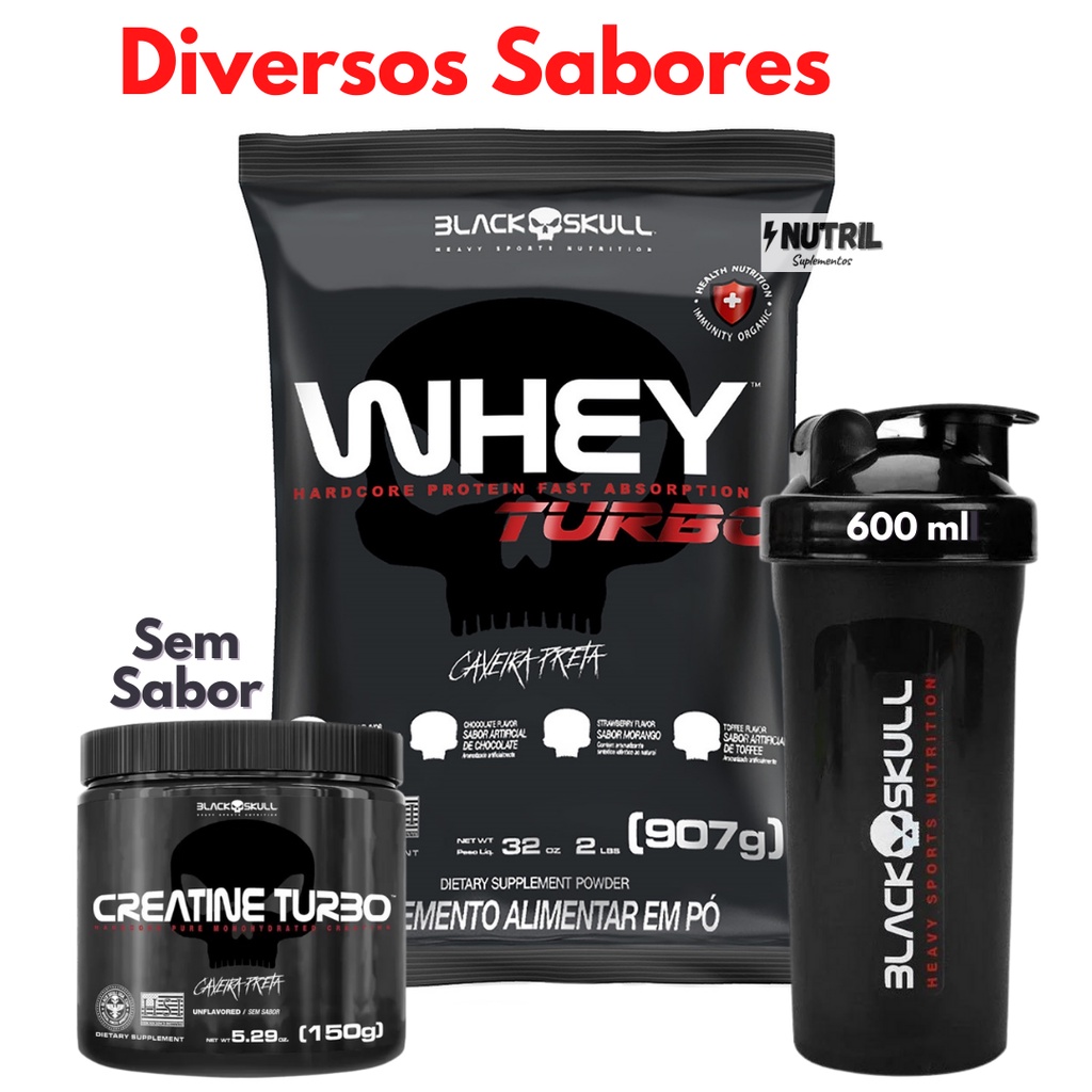 Kit Suplemento Black Skull – Whey Protein Concentrado Turbo 907g + Creatina Turbo Monohidratada 150g + Coqueteleira