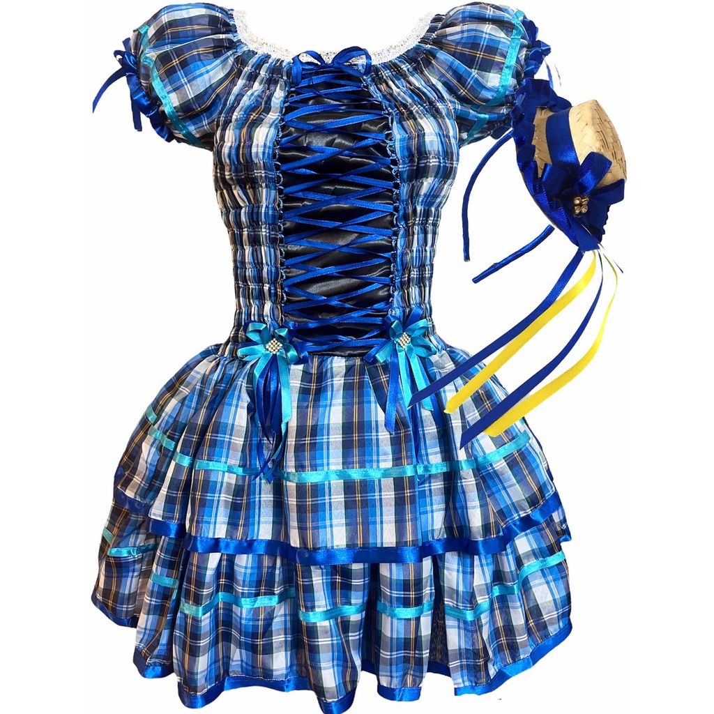Vestido Xadrez Festa Junina Infantil Azul/preto