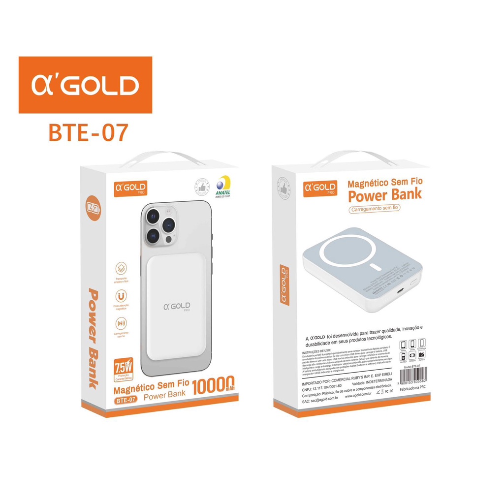 Carregador Power Bank 10000mah Magnético Indução Sem fio 7.5w Para iPhone 12 13 14 A'GOLD BTE-07