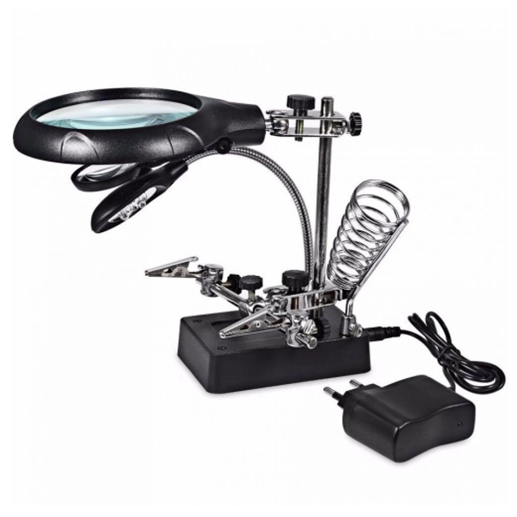 Lupa Mesa Bancada 5 Leds Garras Suporte Solda Com 3 Lentes
