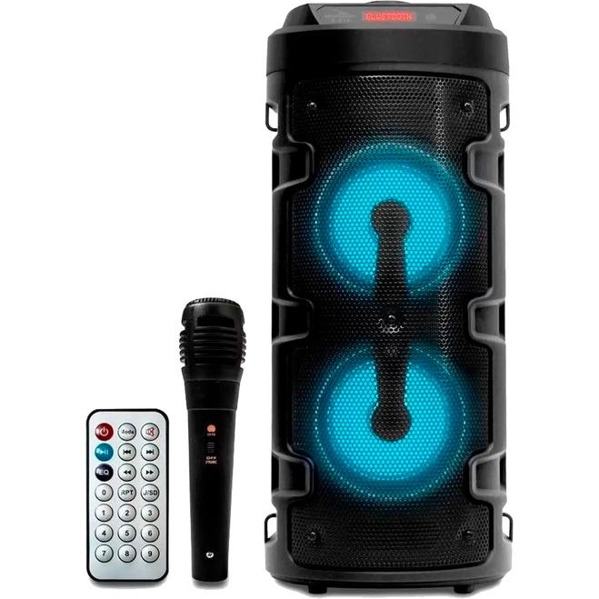 Caixa de Som Gigante com Microfone Karaokê Bluetooth Portátil Rádio Cartão de Memória Preta Linda com LED Azul