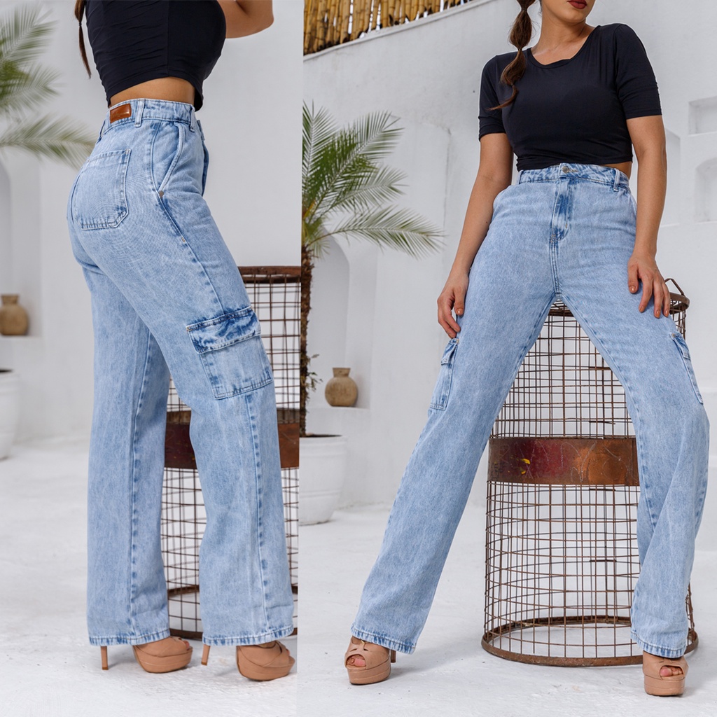 Calça Jeans Cargo Feminina Larga Cintura Alta Moda Blogueira