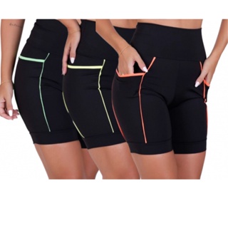 Kit com 3 Bermudas Fitness Cós Alto Refletiva de Corrida e Academia de Média Compressão com Bolsos Profundos