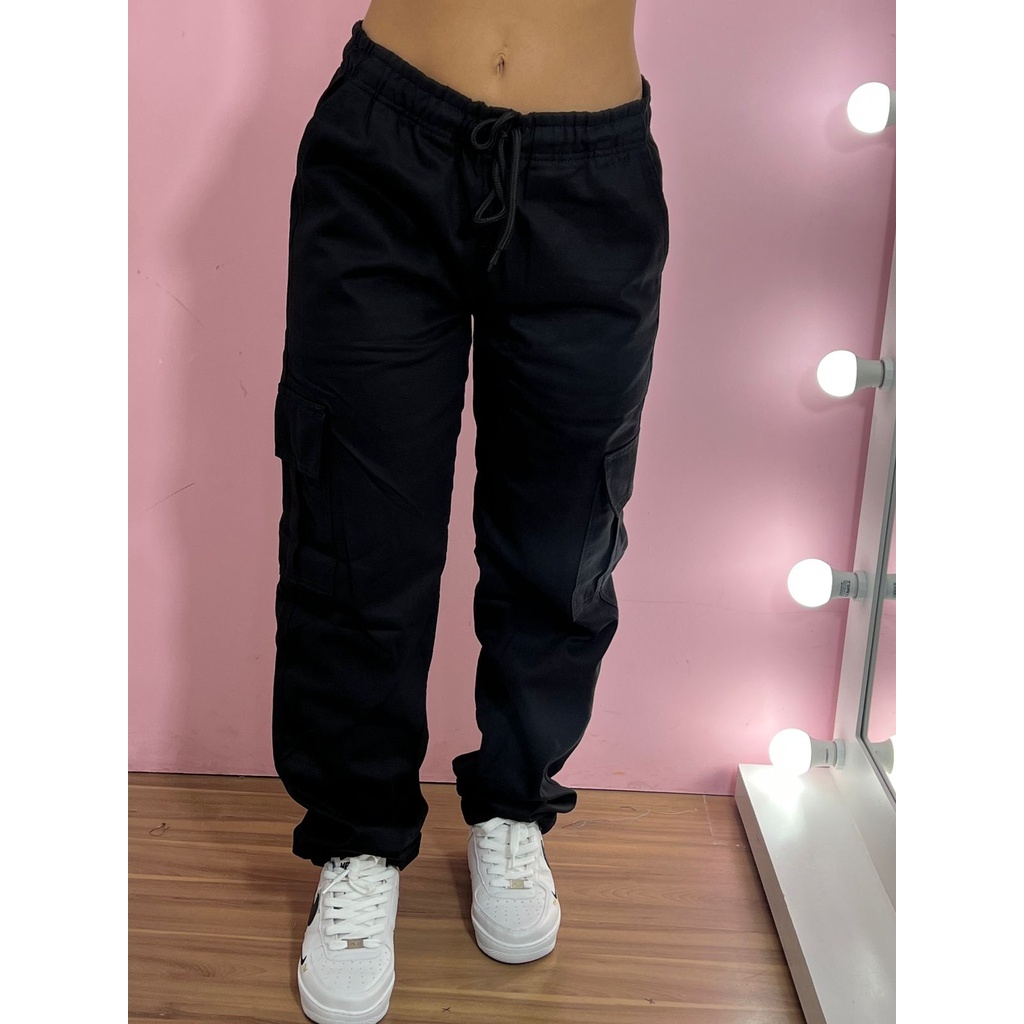 Calça Cargo Sarja feminina Larga Com 5 Bolso Streetwear Costura