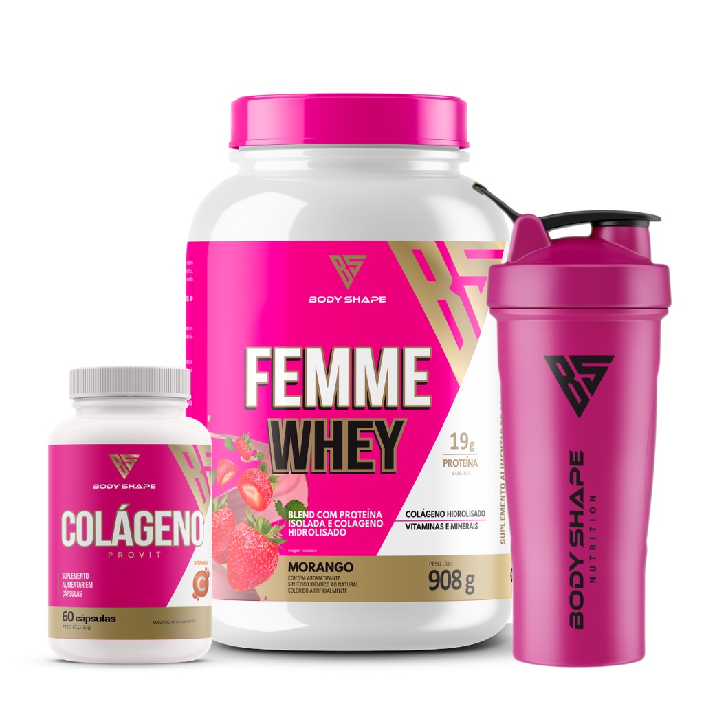 Kit Whey Protein Feminino Pote 908g + Colágeno Provit + Coqueteleira – Body Shape