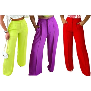 Calça Pantalona Duna Feminina Ziper Botão Bolsos Laterais Com Forro Não Transparente Moda Blogueira