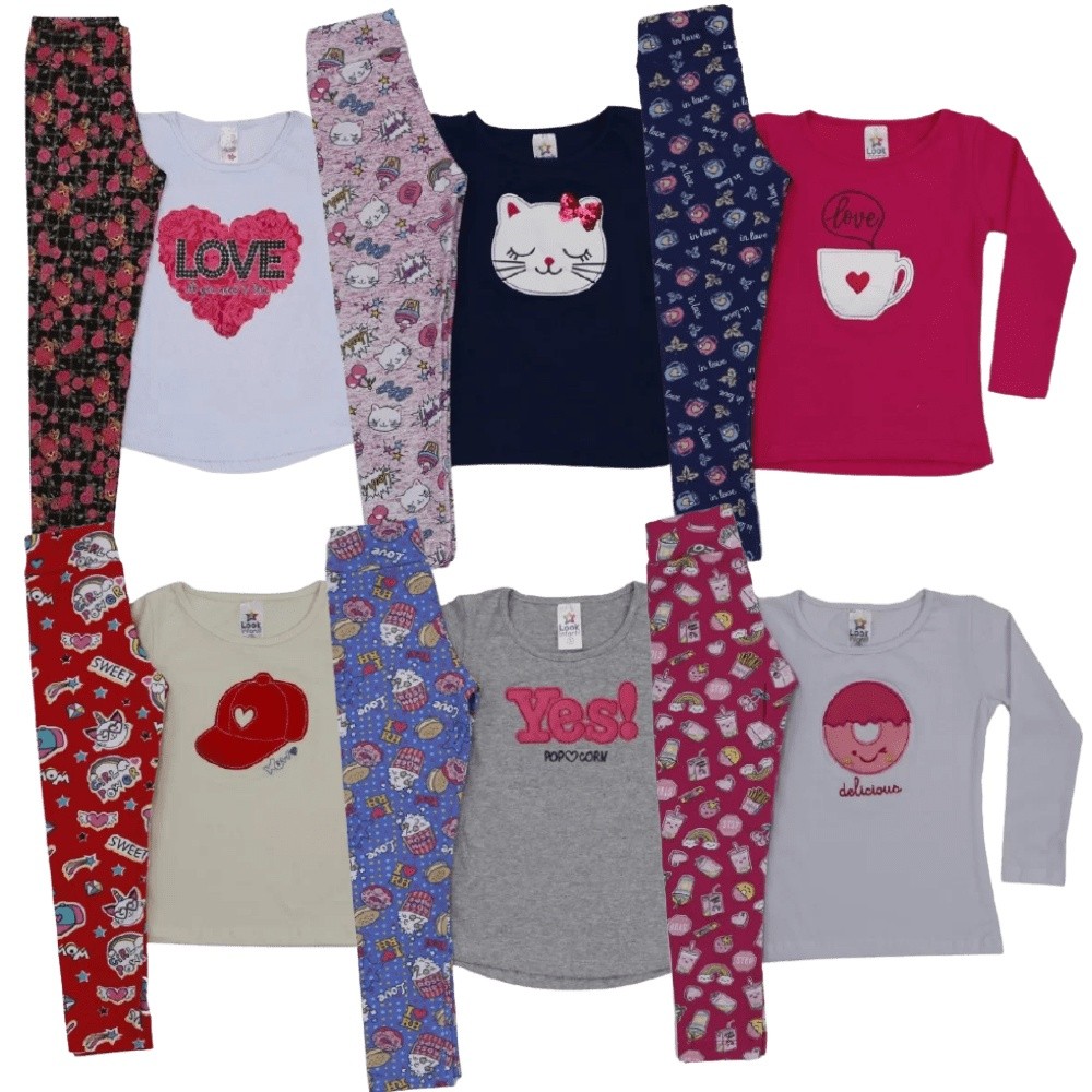 kit 6 Peças Inverno | 3 Calças Legging + 3 Blusas de Meia Estação | Menina Conjunto Infantis Promoção Modelo Novo | Distribuidora de Fábrica