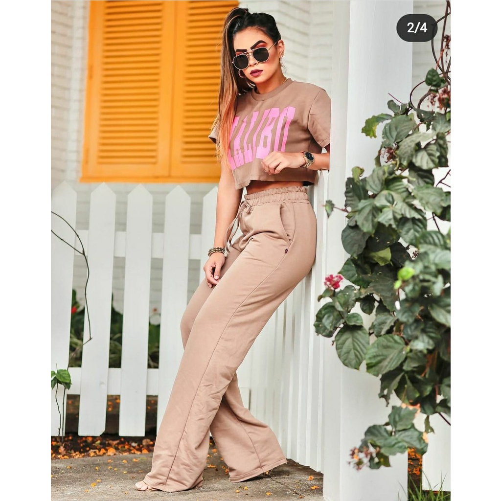 Calça Moletinho Pantalona Wide Leg Cintura Alta Feminina Roupa Blogueira  Moda Inverno - Escorrega o Preço