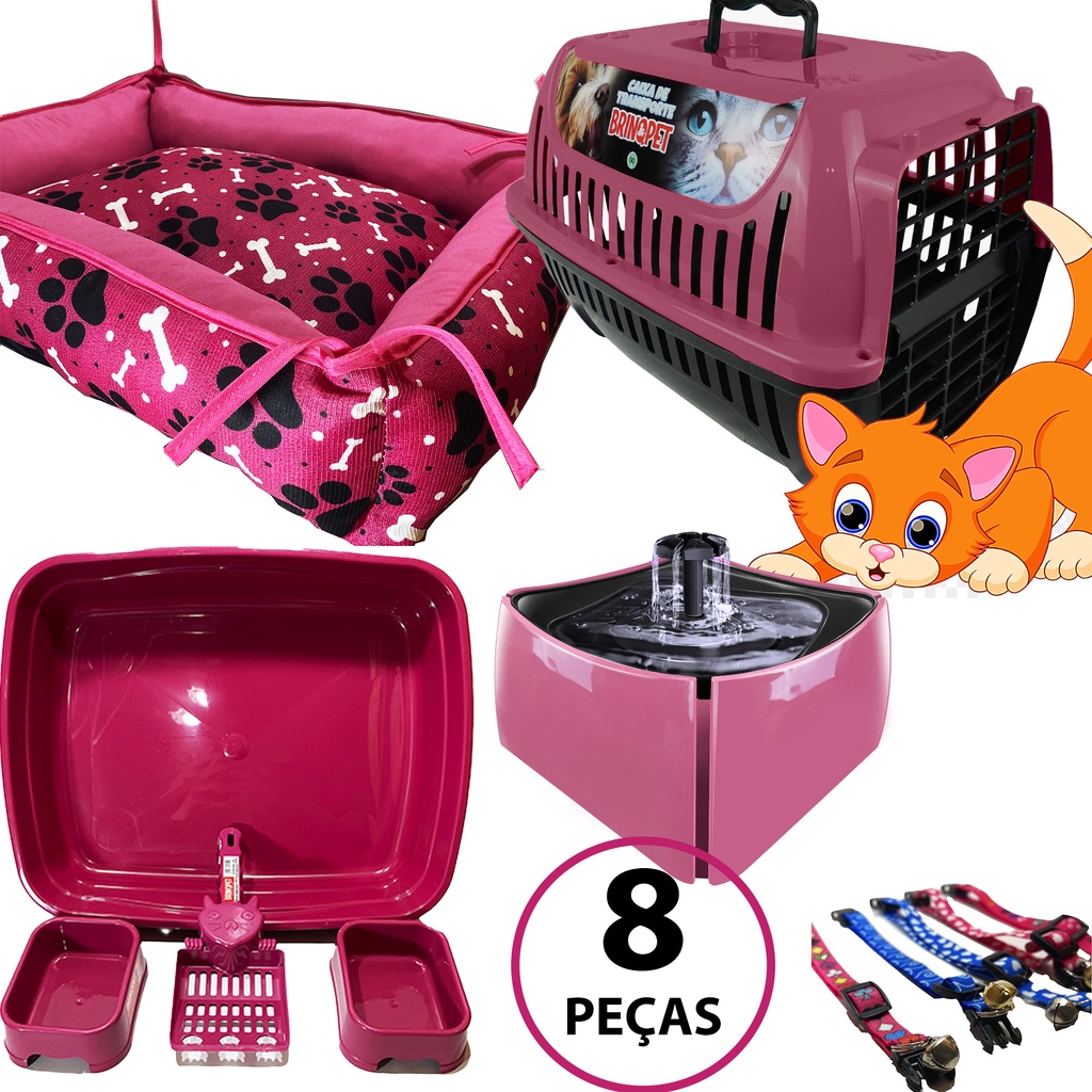 Kit Para Gato Cama Caixa de Areia Caixa de Transporte Pá Comedouro Bebedouro Fonte Automático Coleira 8 Peças Premium