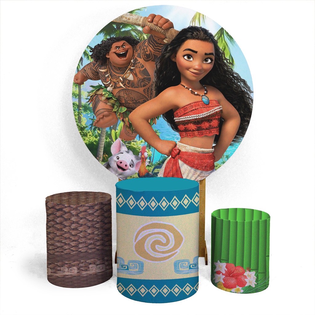 Kit Painel Decorativo + 3 Capas Cilindro Tema Moana Tecido