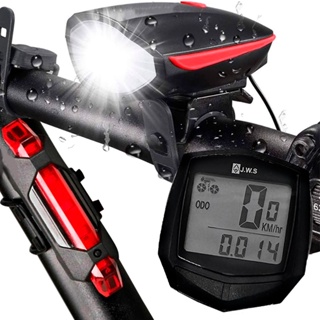 KIT Farol com buzina USB + Velocímetro Bike Com fio + Sinalizador Bike Vermelho