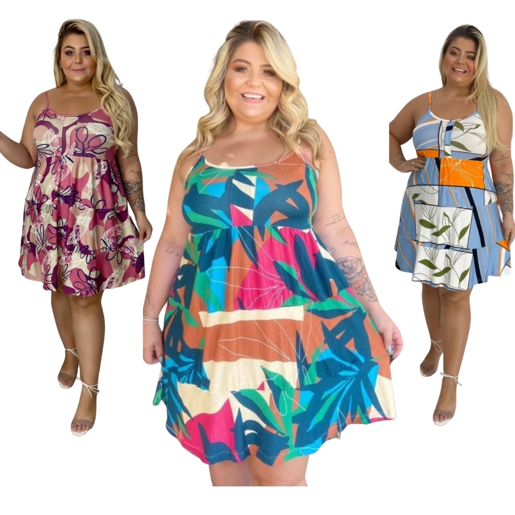 Vestido Plus Size Soltinho Curto Alcinha Moda Plus de Verão Praia - Vestidos  para Gestantes Confortável