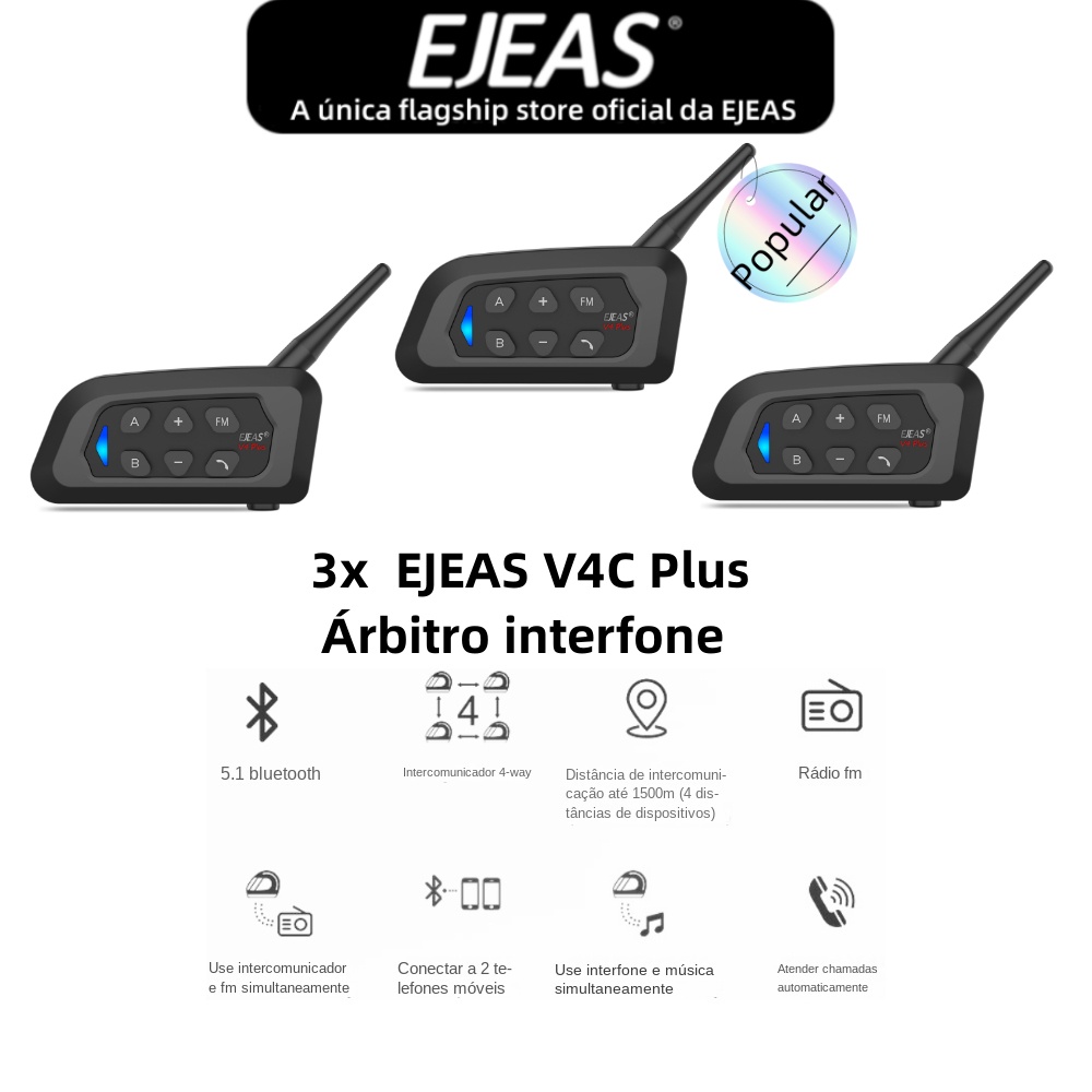 EJEAS V4C PLUS Fone De Ouvido De Intercomunicação Bluetooth , 5.1 , 4 Pessoas Falam Em Tempo real Impermeável 3 Pacotes Para Shoei AGV KYT Yamaha Honda Forza 250