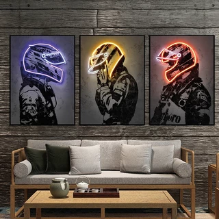 Quadro decorativo 3 peças 40x60 moderno abstrato neon moto capacete fórmula 1 f1 decoração para casa sala quarto hall interiores corredores