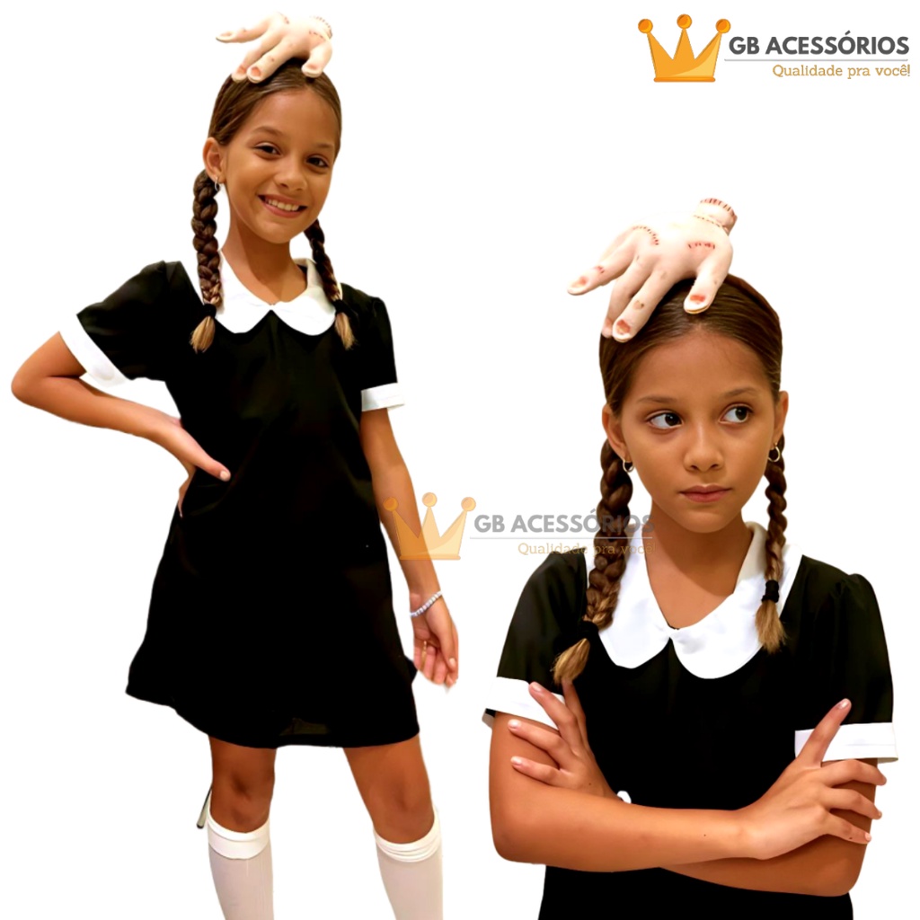 Fantasia Perfeita Wandinha Addams Tamanho M Wednesday Carnaval Look  Completo com Peruca e Luvas, Vestido de Festa Feminino Saara Usado  84158342