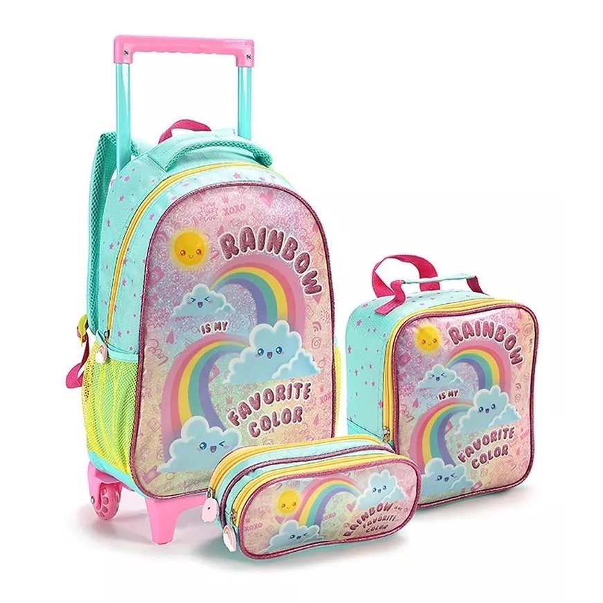 Kit Mochila Feminina Infantil Escolar Rodinhas Rainbow Arco Íris G ...