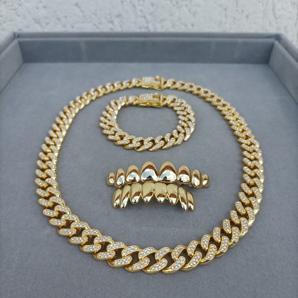 Kit Corrente + Pulseira + Grillz Cravejado Inóxidavel