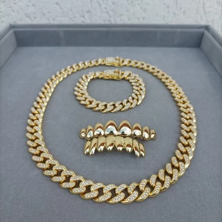 Kit Corrente + Pulseira + Grillz Cravejado Inóxidavel