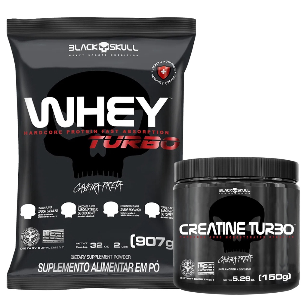 Kit Whey Turbo Refil Whey Protein 907g Creatina Turbo Monohidratada 150g Black Skull Caveira 2922