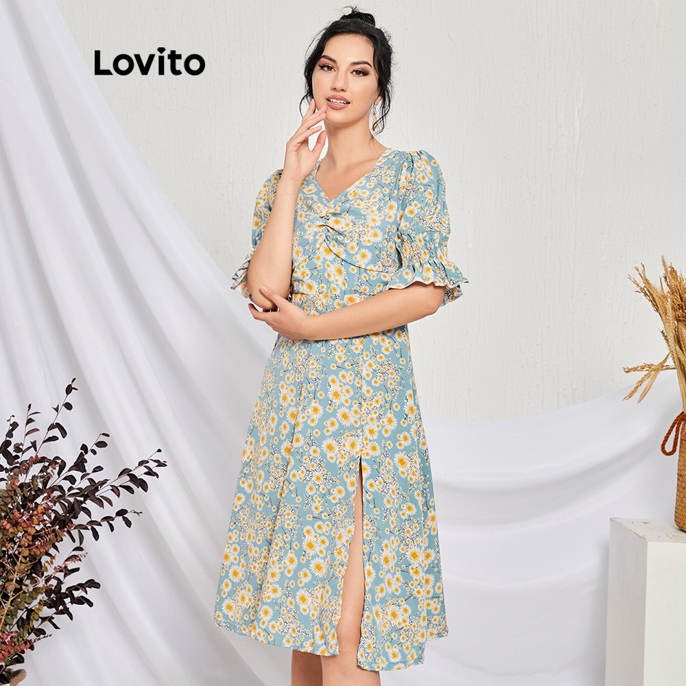 Lovito Vestido Com Estampa Floral e Gola V Coxa Dividida L14X062 (Colorido)