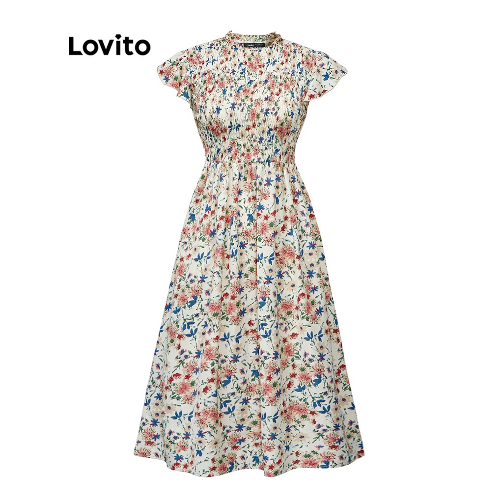 Lovito Vestido Romântico Floral Ruffle Decote com Frill Manga De Bola Plissado L39LD064 (Multicolor)