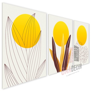 Kit 3 Quadros Decorativos para Sala Quarto Abstrato Floral Minimalista Boho Amarelo