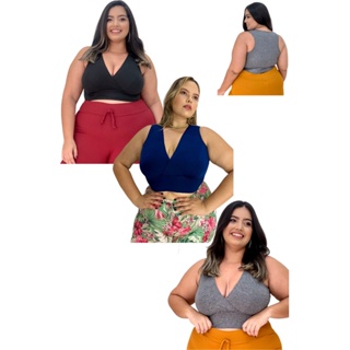 kit com 2 Tops Fitness Plus Size Feminino Tamanhos Grandes Suplex Treino Academia Dia a Dia