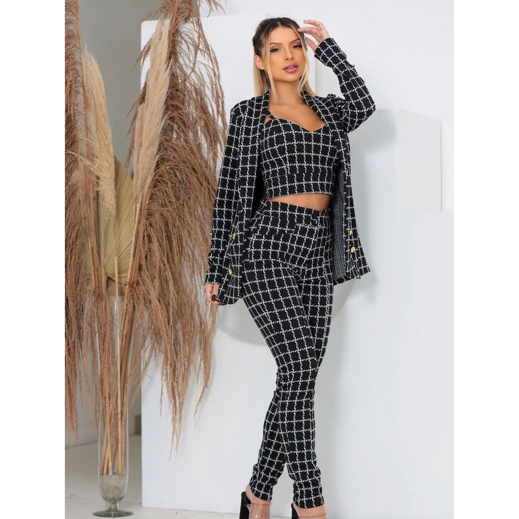 Conjunto BLAZER 3 pecas Alfaiataria + Croped + calca conjunto feminino ...