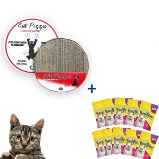 Combo Arranhador Pizza Brinquedo Papelão + 10 Petíscos Linguicinha Peixe Para Gatos Pet