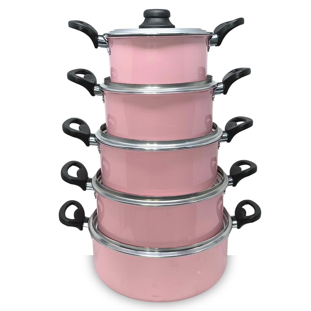 Jogo De Panelas Caçarolas Rosa Bebe 5 Pçs C/ Tampa