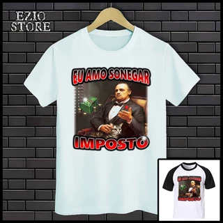 Camiseta Poderoso Chefão "Eu Amo Sonegar Imposto" Unissex Meme, Camisa Blusa Branca e Preto
