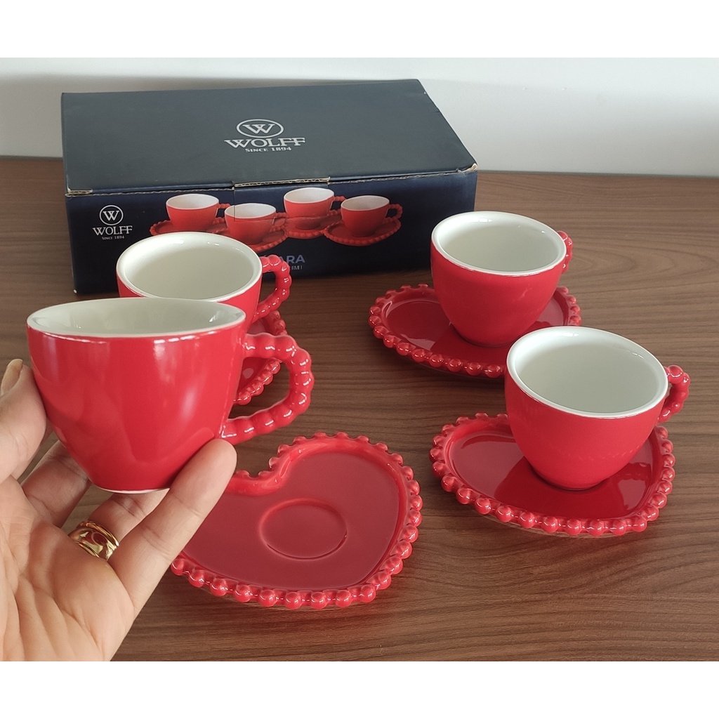 Cj 4 Xícaras Café Pires Coração Beads Vermelho 80ml | Shopee Brasil