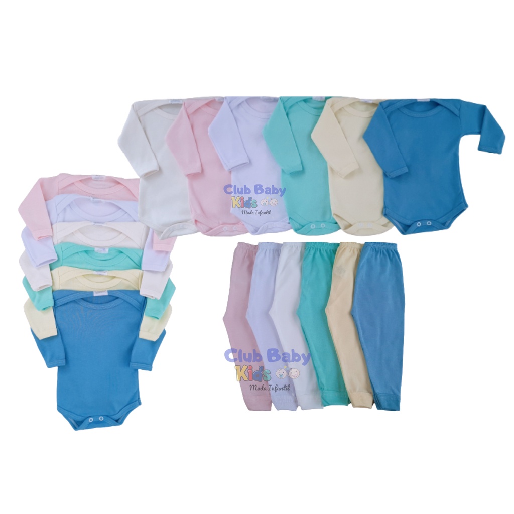 Kit Enxoval 6 Pçs Body Bebê Manga Longa e Calça Combinando 100% Algodão ...