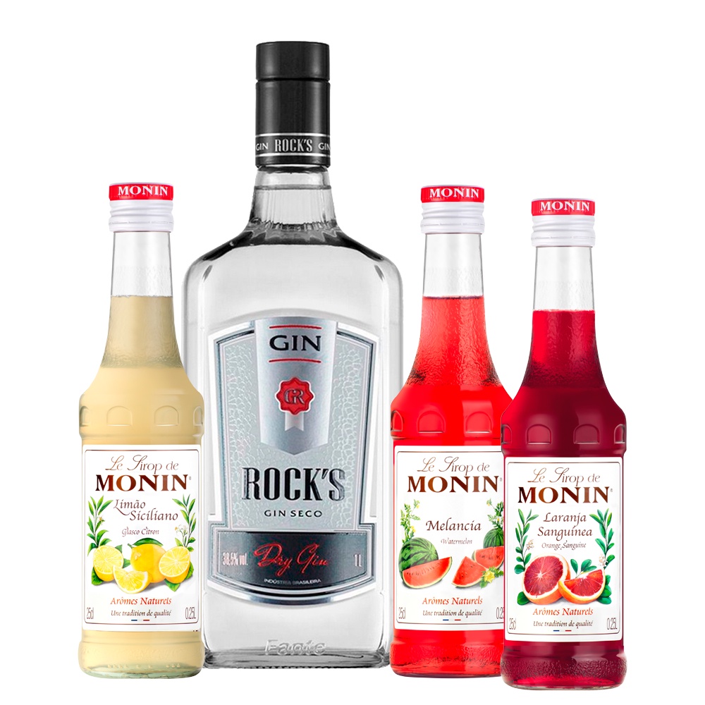 Combo Kit Gin Rocks London Dry & Xarope Monin 250ml Vários Sabores Gin