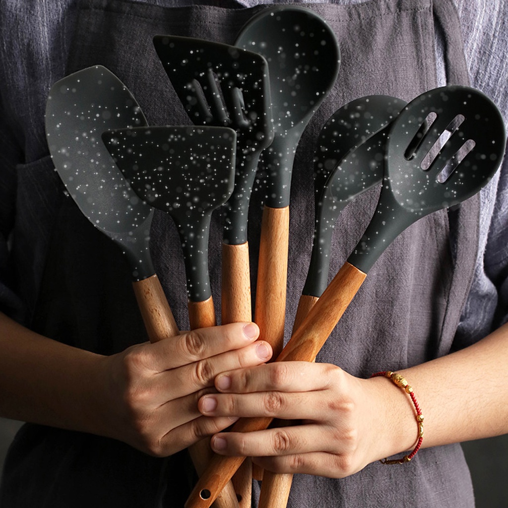 7 Peças Utensílios Cozinha Em Silicone E Cabos De Madeira Colheres Linha Master Cheff