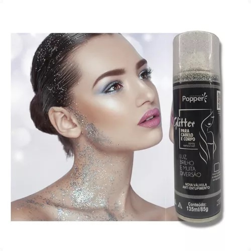 Spray De Glitter Roupa, Maquiagem E Corpo Popper Prata 135ml Shopee